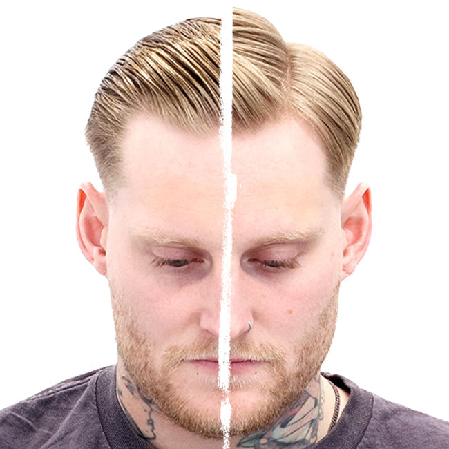 Man with half shiny hair and half matte hair
