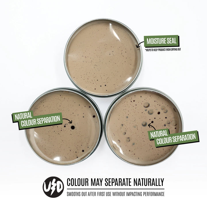 Three Matte Pomade tins are arranged in a triangle on a white background, each with a green label pointing to it. Text at the bottom reads 'COLOUR MAY SEPARATE NATURALLY' with a UD logo.