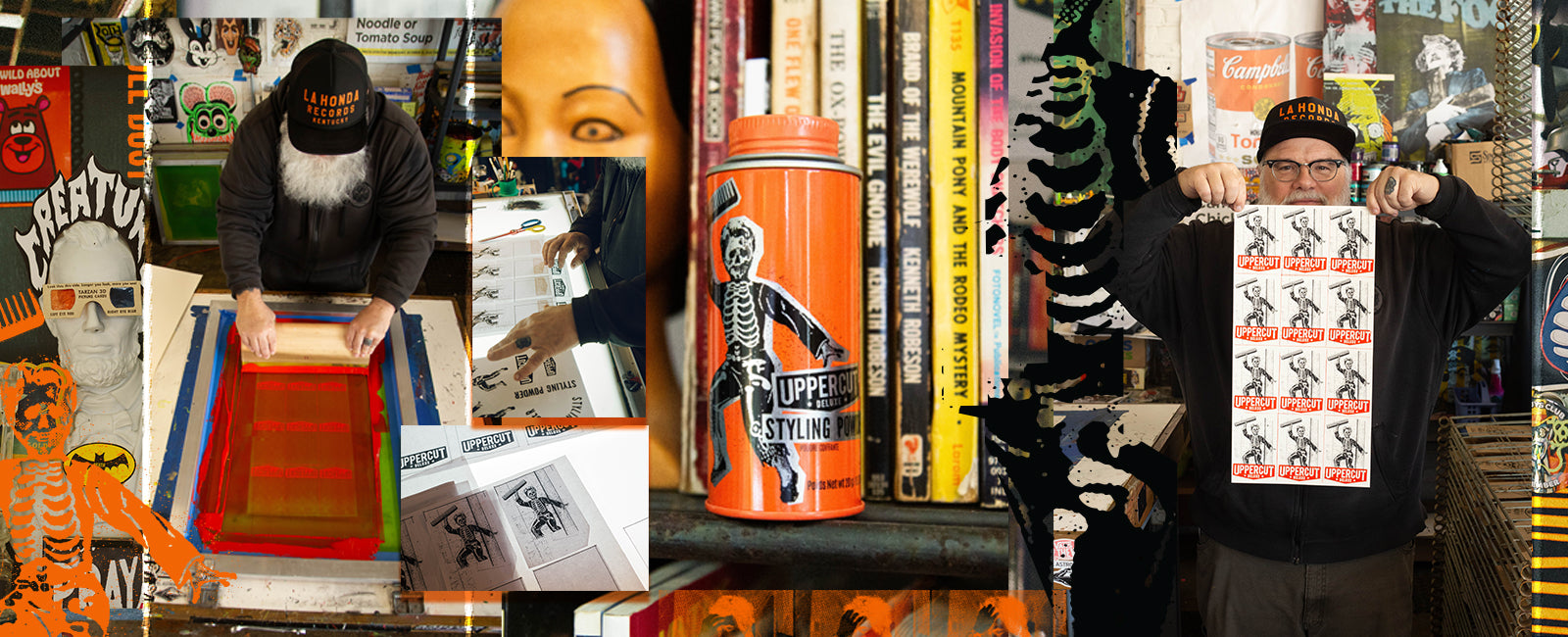 Collage of pictures featuring Skull Dust Styling Powder and Jim Madison Screen Printing