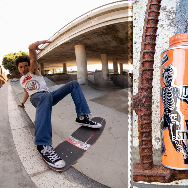 Collage of pictures featuring Skull Dust Styling Powder and Shaw Collins skateboarding
