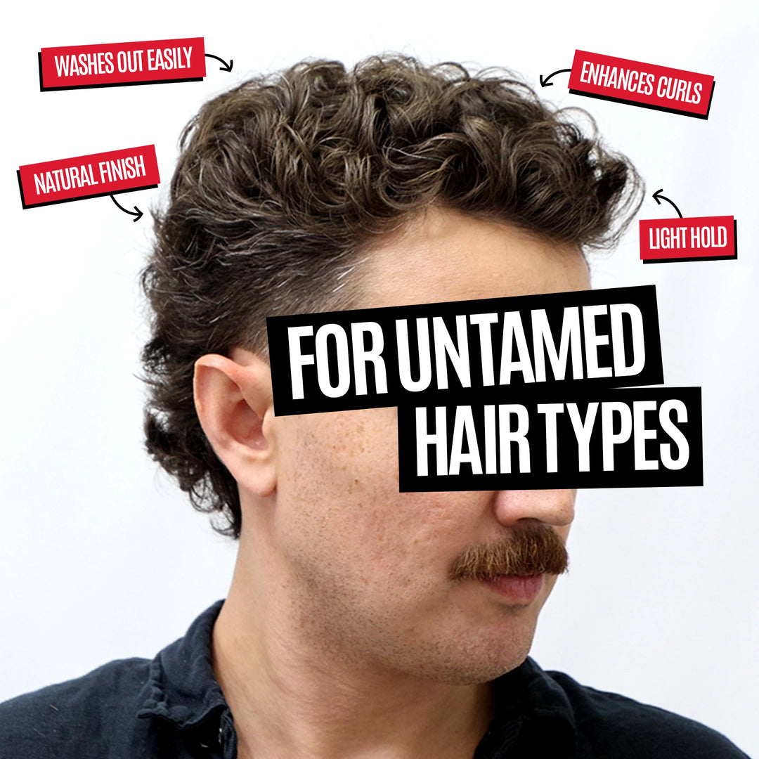 A man's head in profile with curly brown hair, overlaid with text reading 'FOR UNTAMED HAIR TYPES' and several red callout boxes with benefits like 'WASHES OUT EASILY,' 'ENHANCES CURLS,' 'NATURAL FINISH,' and 'LIGHT HOLD.'.