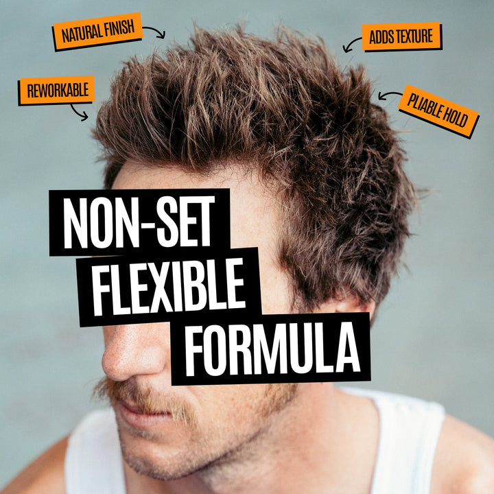 A close-up of a man's face and styled hair with text overlays reading 'NON-SET FLEXIBLE FORMULA' and callout labels such as 'NATURAL FINISH,' 'REWORKABLE,' 'ADDS TEXTURE,' and 'PLIABLE HOLD.'