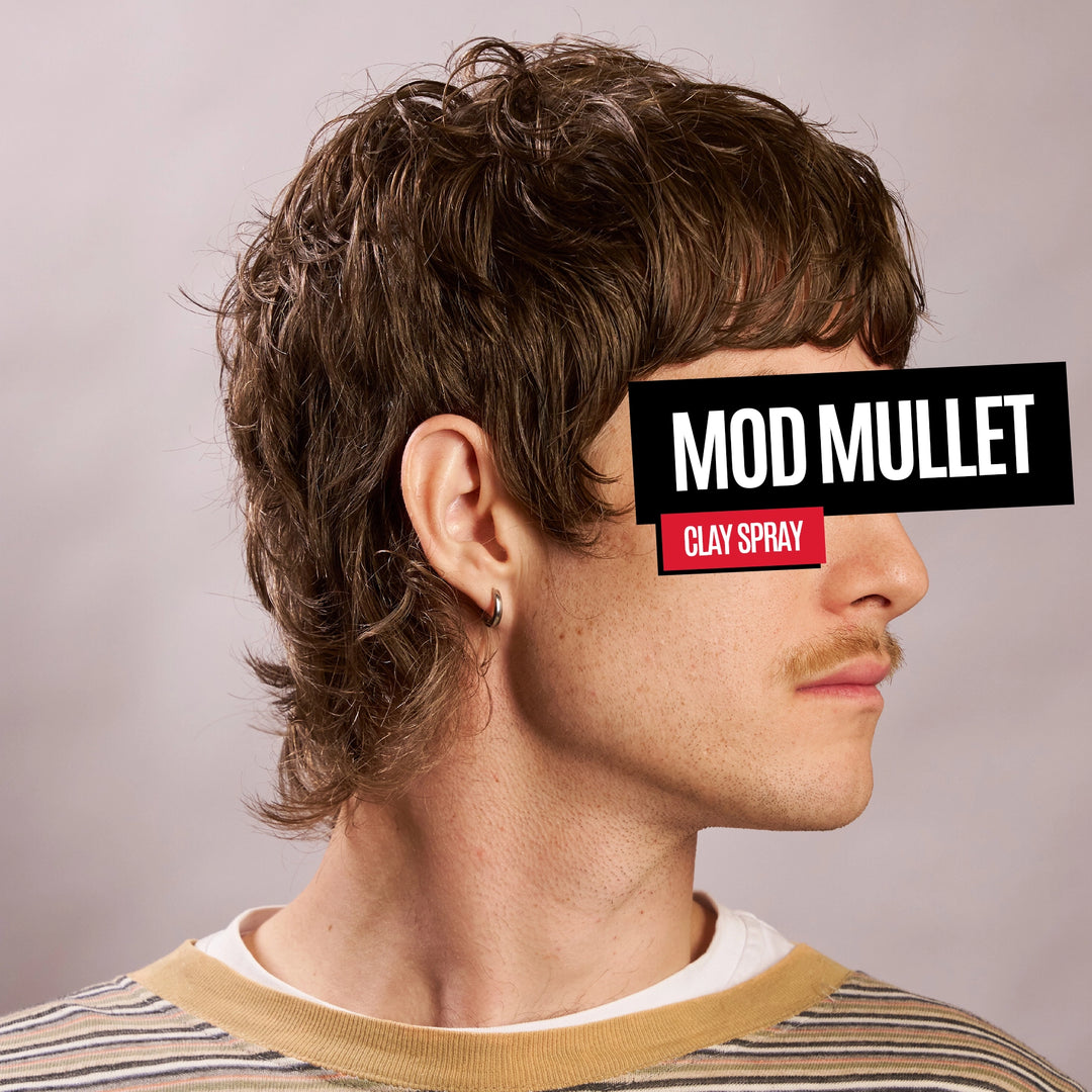 A man in profile wearing a brown textured short haircut styled as a mod mullet, with a black and red text overlay reading 'MOD MULLET' and 'CLAY SPRAY'.