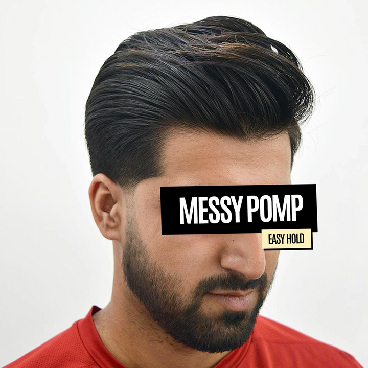 A man wearing a styled pompadour hairstyle, with his eyes covered by a black text box that reads 'MESSY POMP' and a smaller label reading 'EASY HOLD'.