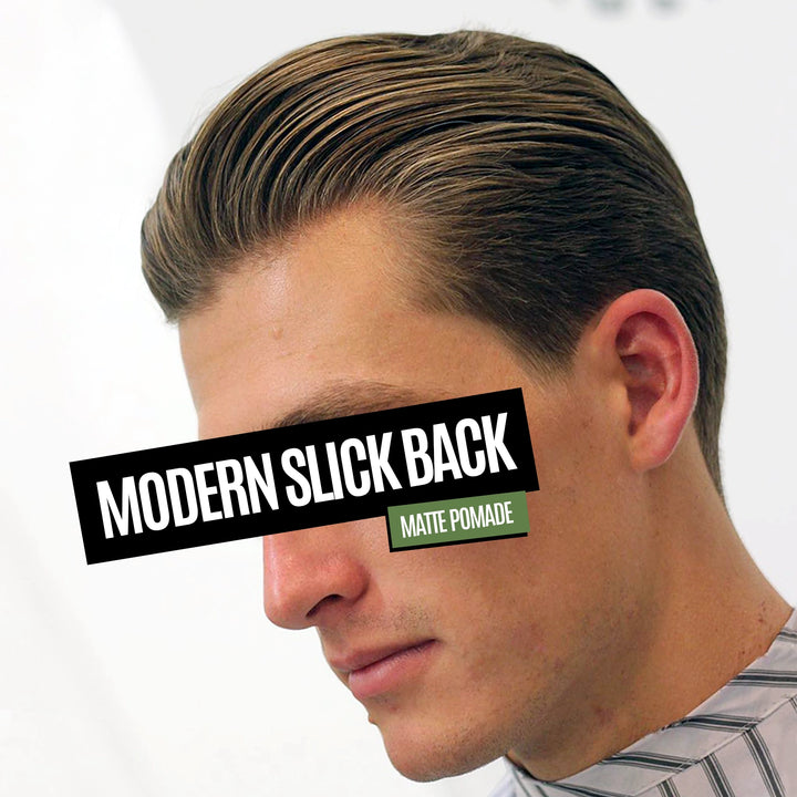 A man in profile wearing a styled matte slick-back haircut, with a black text overlay reading 'MODERN SLICK BACK' and a smaller green label reading 'MATTE POMADE'.