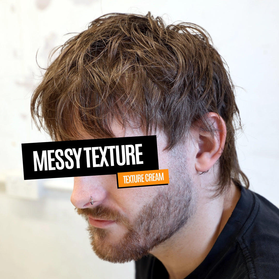 A man in profile with messy medium brown hair, a beard, and a nose ring, wearing a black shirt. Text overlays read 'MESSY TEXTURE' and 'TEXTURE CREAM'.